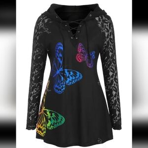 Black Lace Sleeve Butterfly Print Women's Top